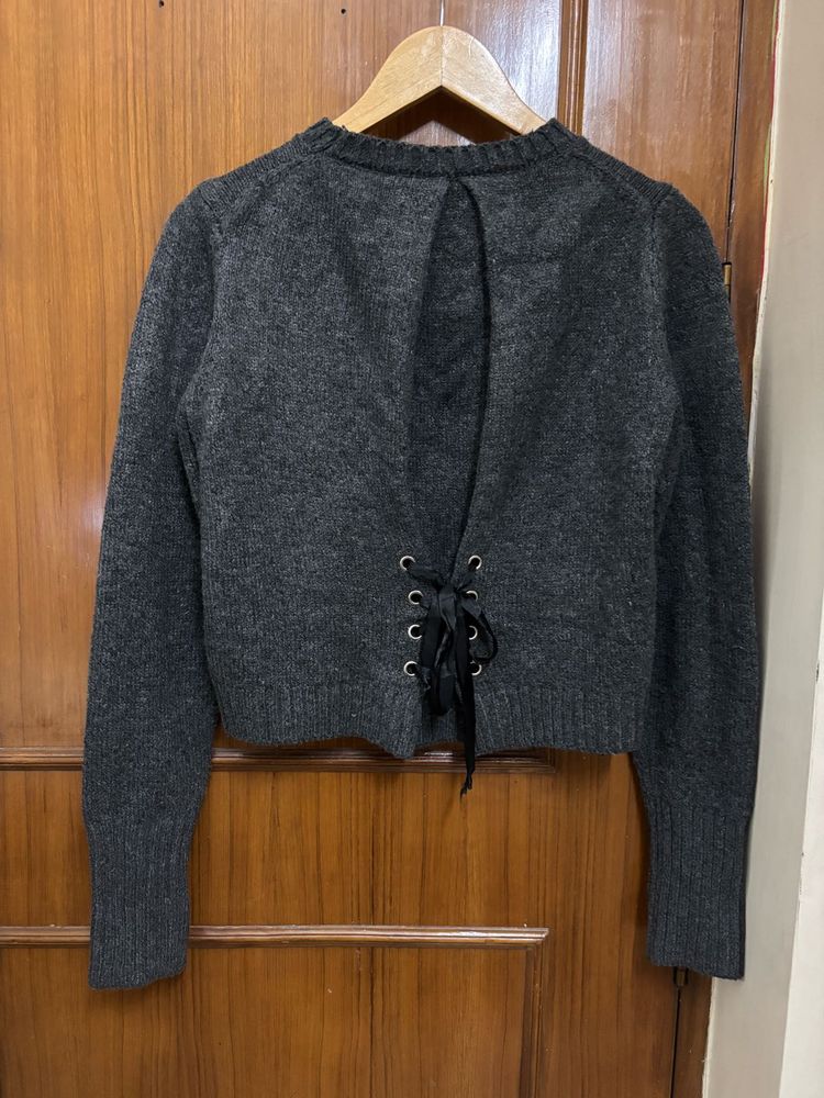 Grey Lace-Up Knit Sweater