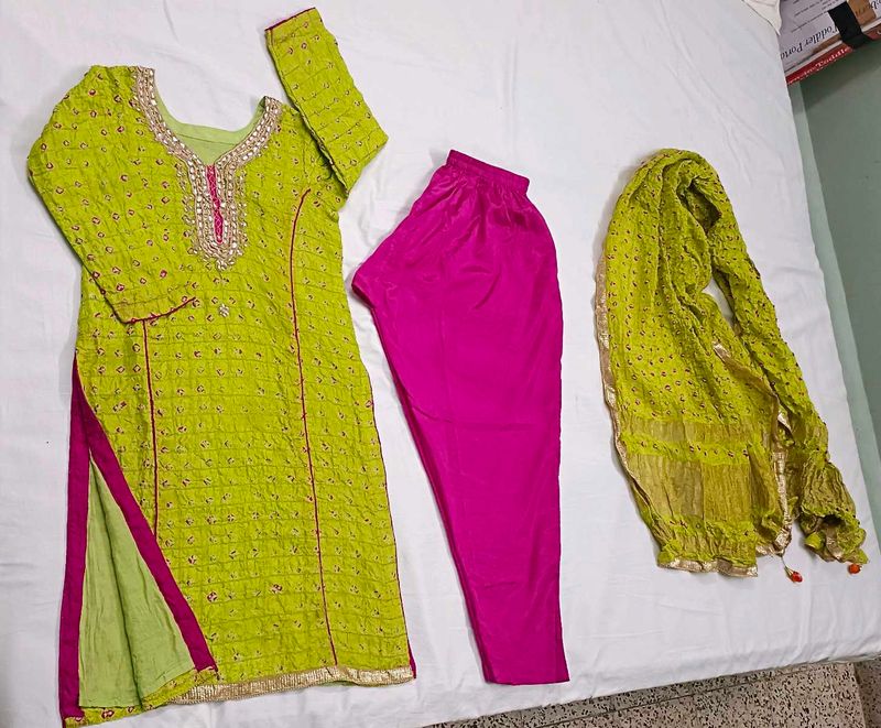 Hot Pink And Lime Green GHARCHOLA BHANDHNI SUIT