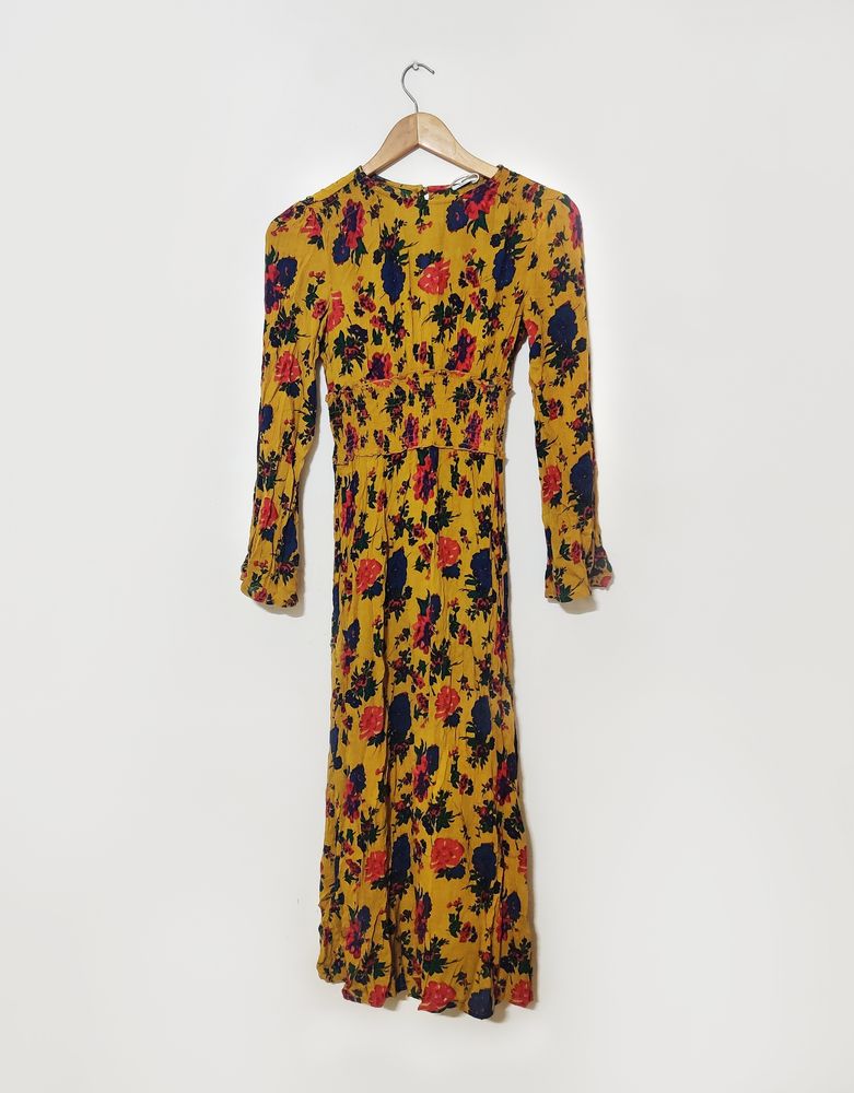 Urban Outfitters Mustard Yellow Floral Dress With Slit Back