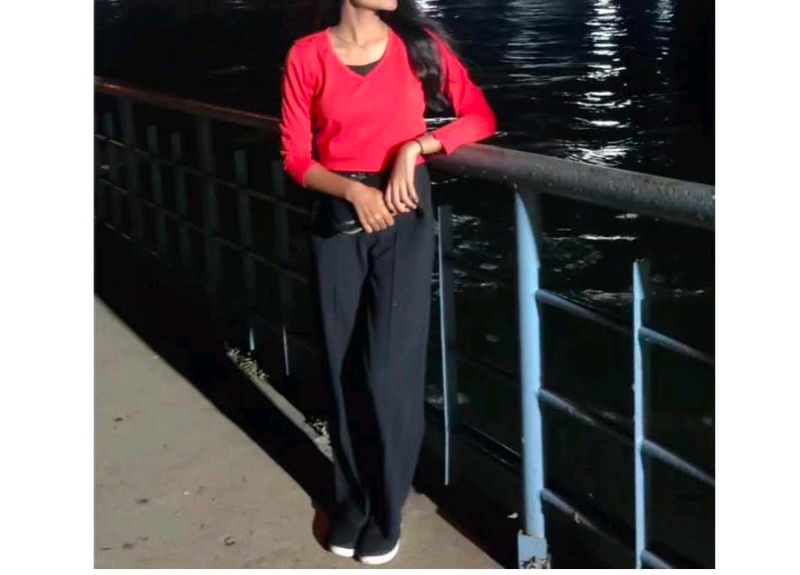 Solid V-Neck Red Casual Top