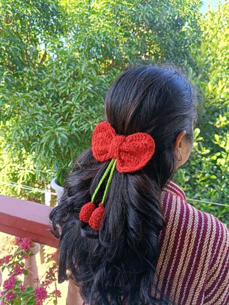 Crochet Cherry Hair Bow