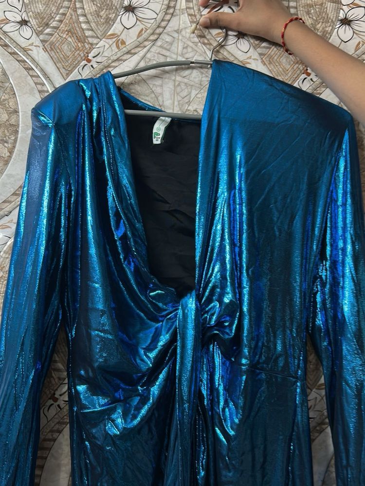 Dark Blue Metallic Plunging Neck Dress