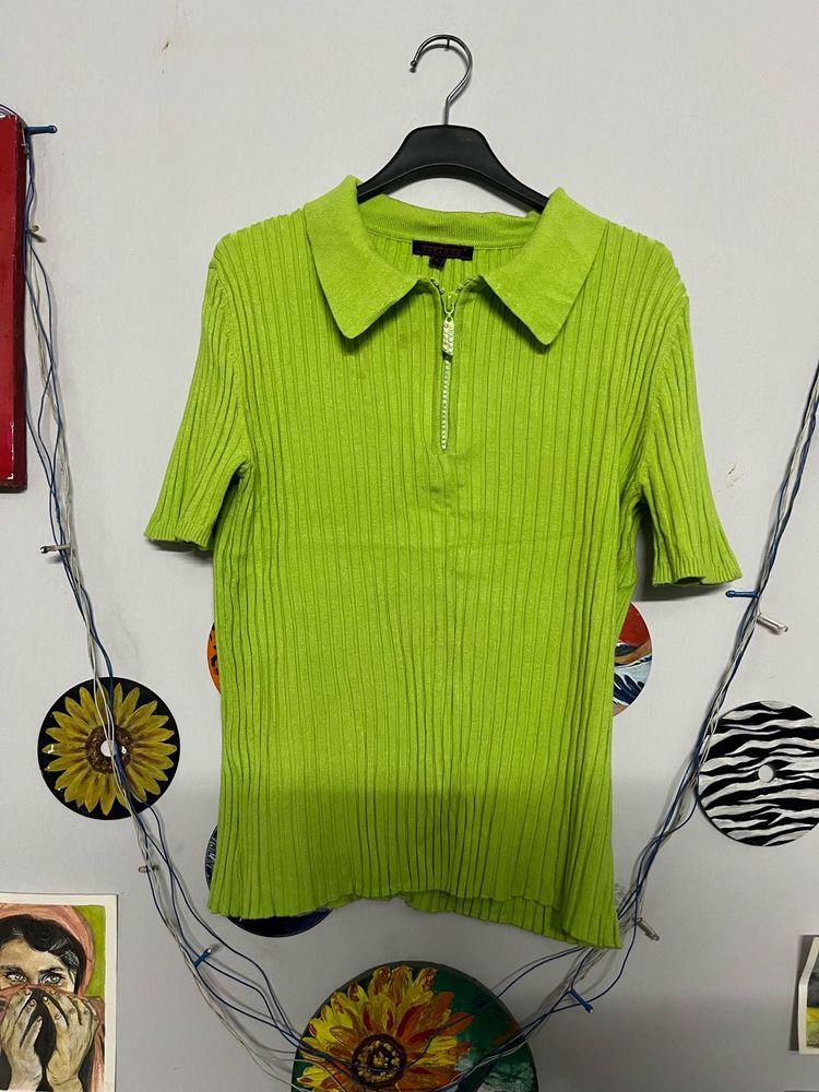 Green Ribbed Knit Zip-Up Top