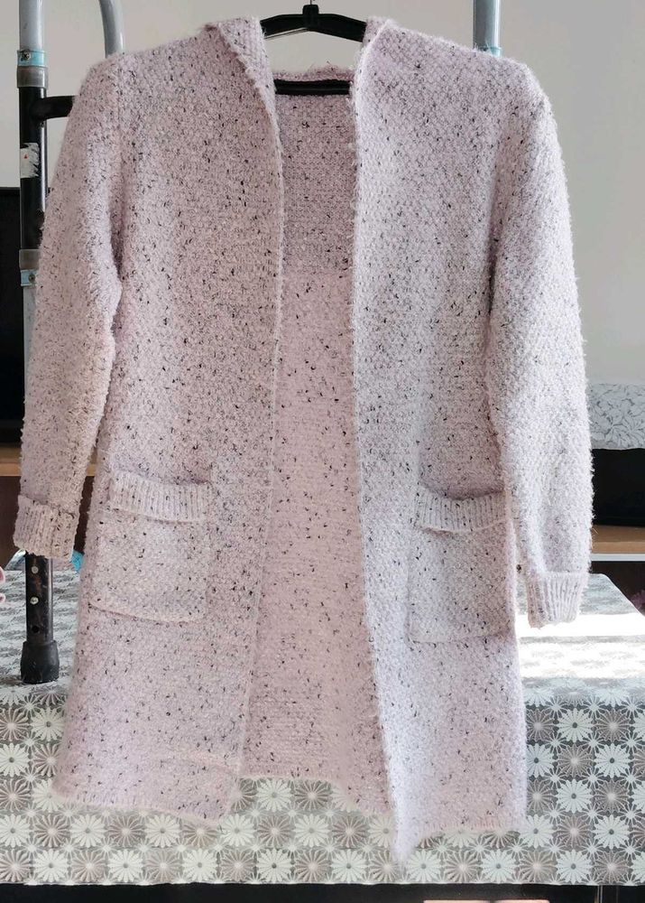 Pink Knit Hooded Cardigan