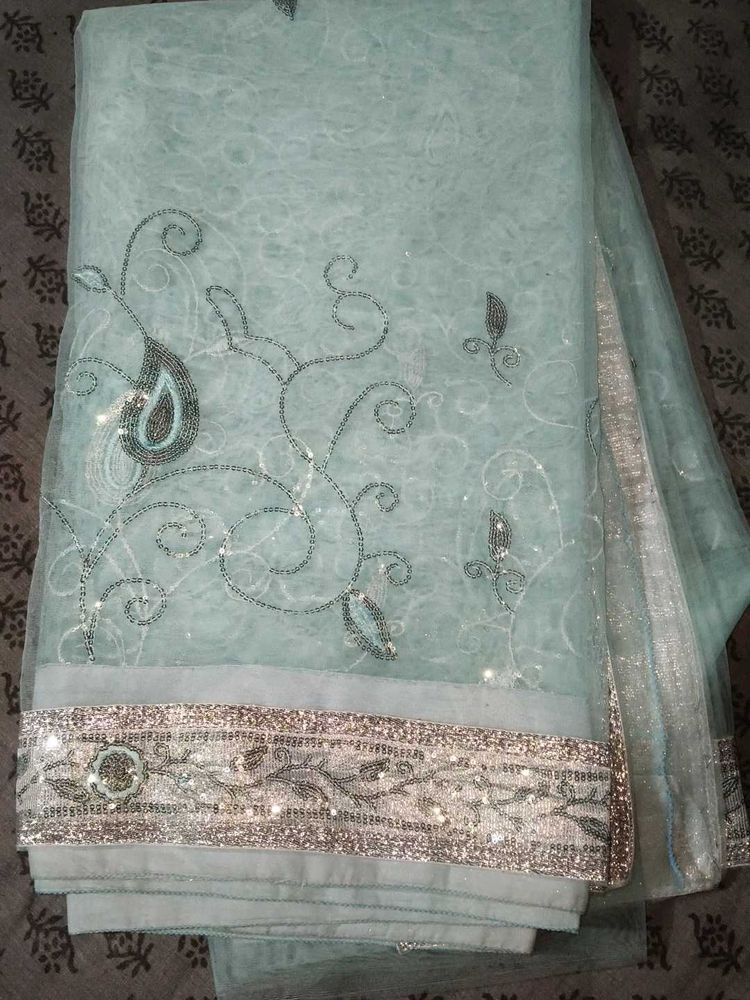 Light Sky Blue Color Net Saree