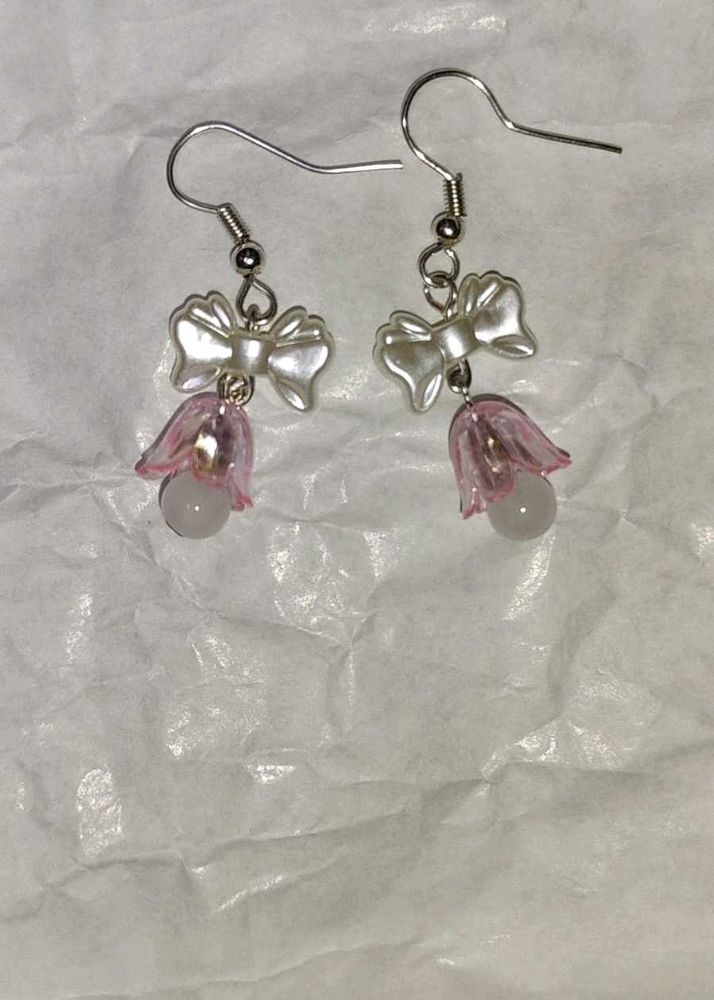 Cute Bow &amp; Pink Floral Earrings 🌸✨🦪