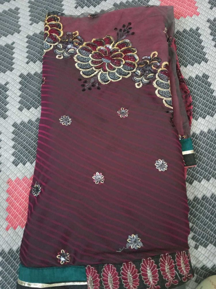 Embroidered Maroon Saree