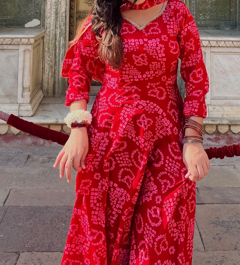 Red Bandhani Print Anarkali Kurta