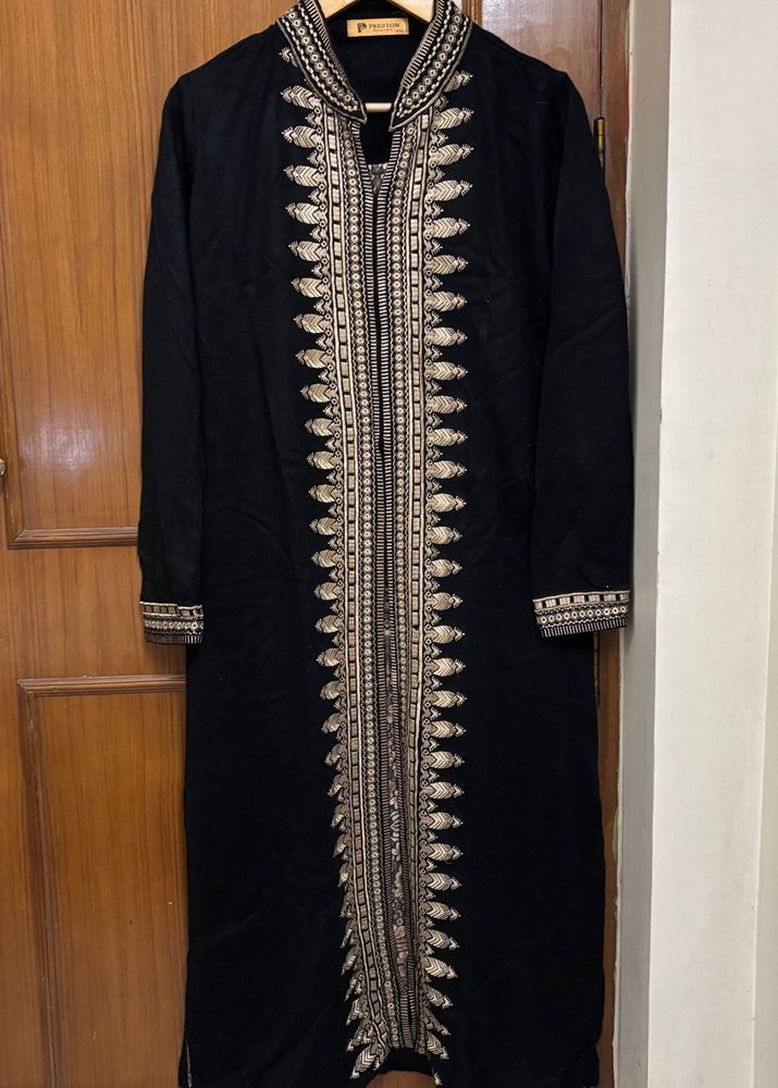 Black &amp; Gold Embroidered Warm Winter Kurta