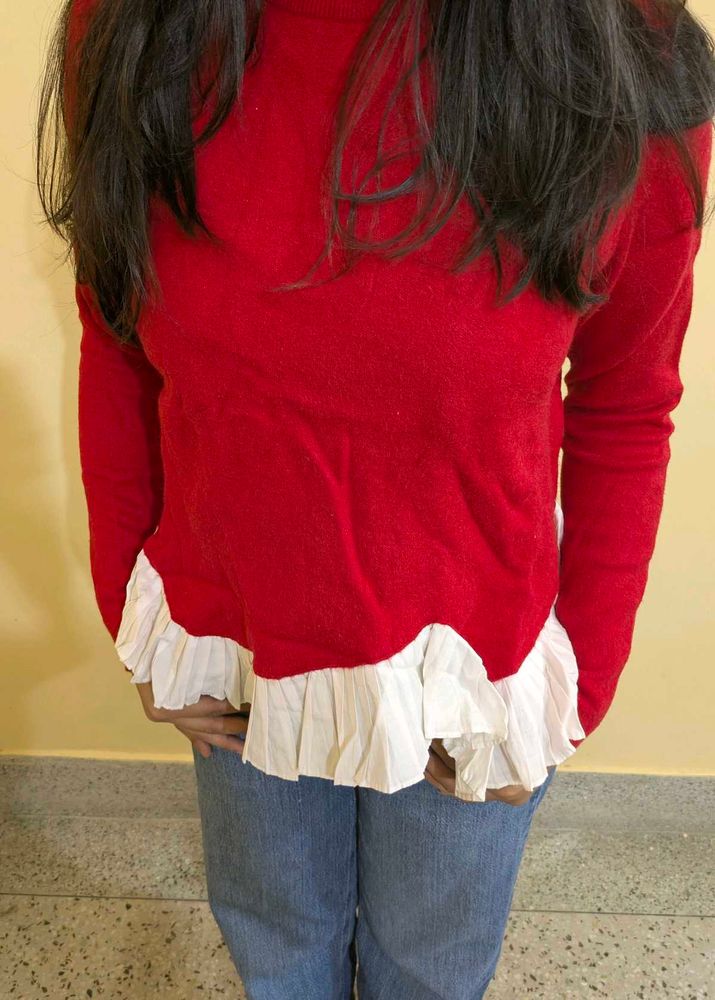 Red Ruffle Hem Sweater