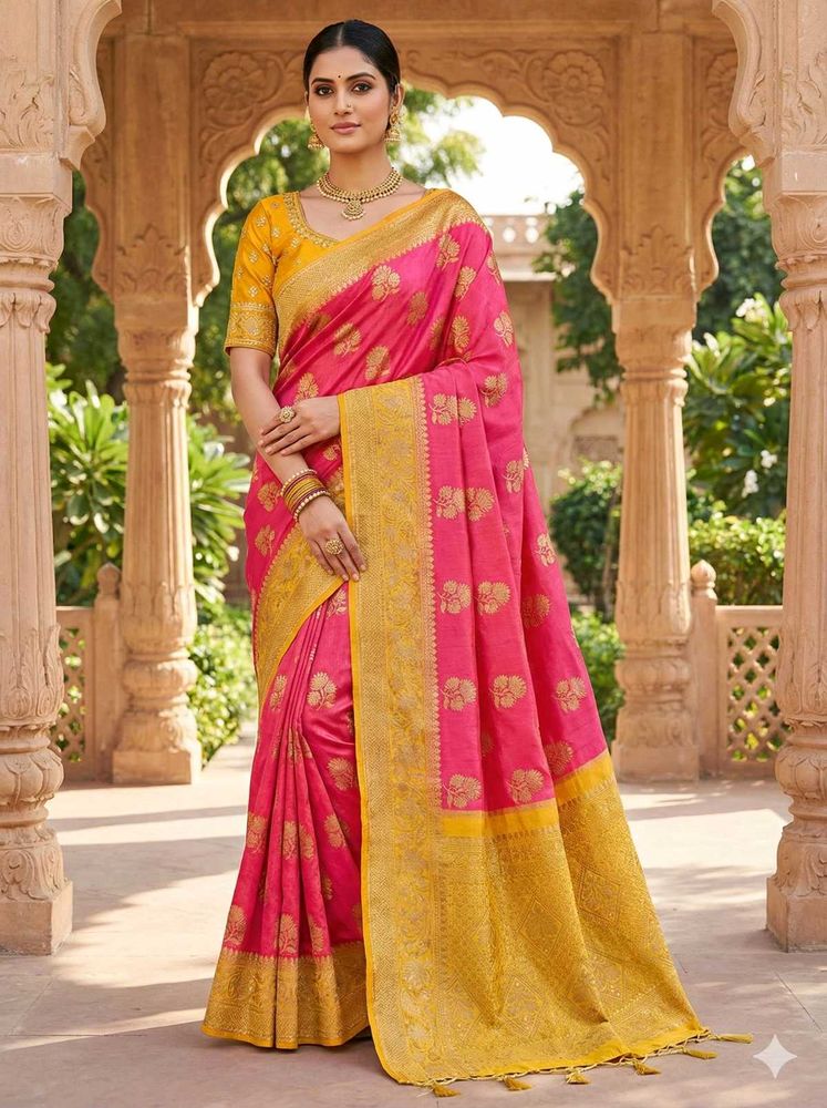 Elegant Pink &amp; Gold Saree with blouse piece