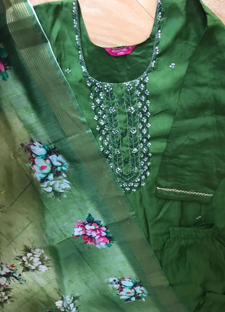 Green Kurti Set with Floral Dupatta