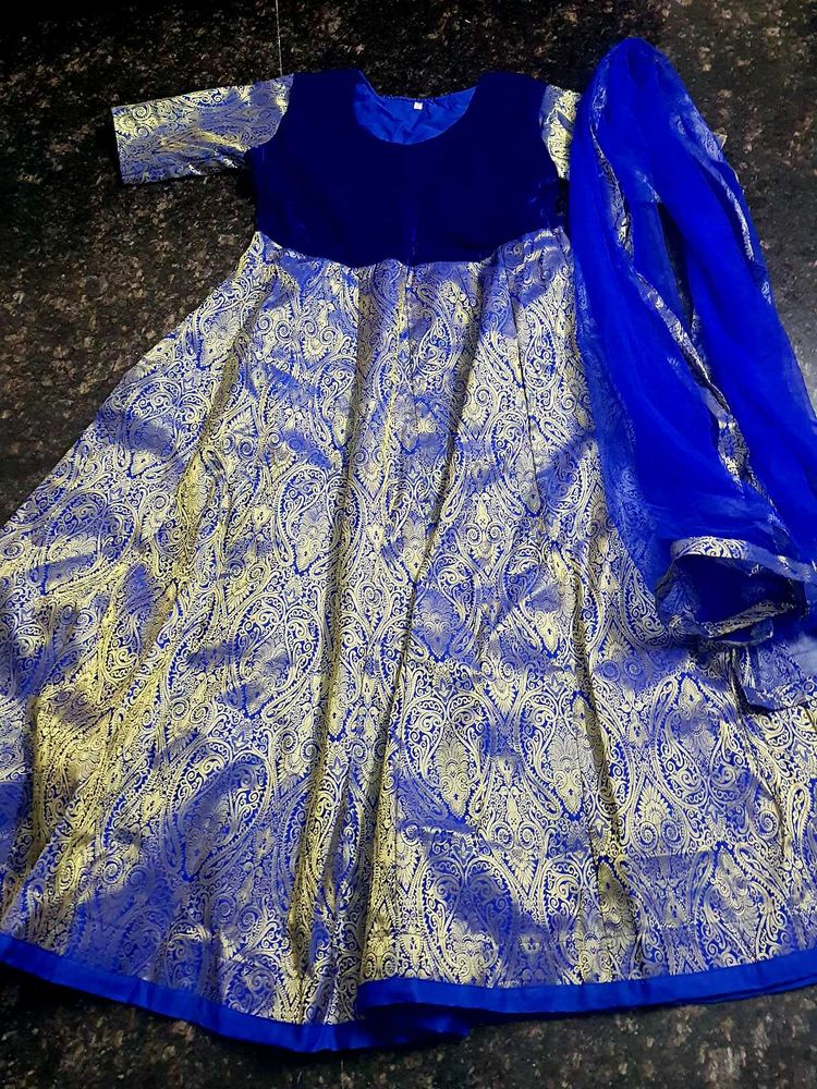 Velvet Grand Royal Blue Gown With Dupatta And Belt