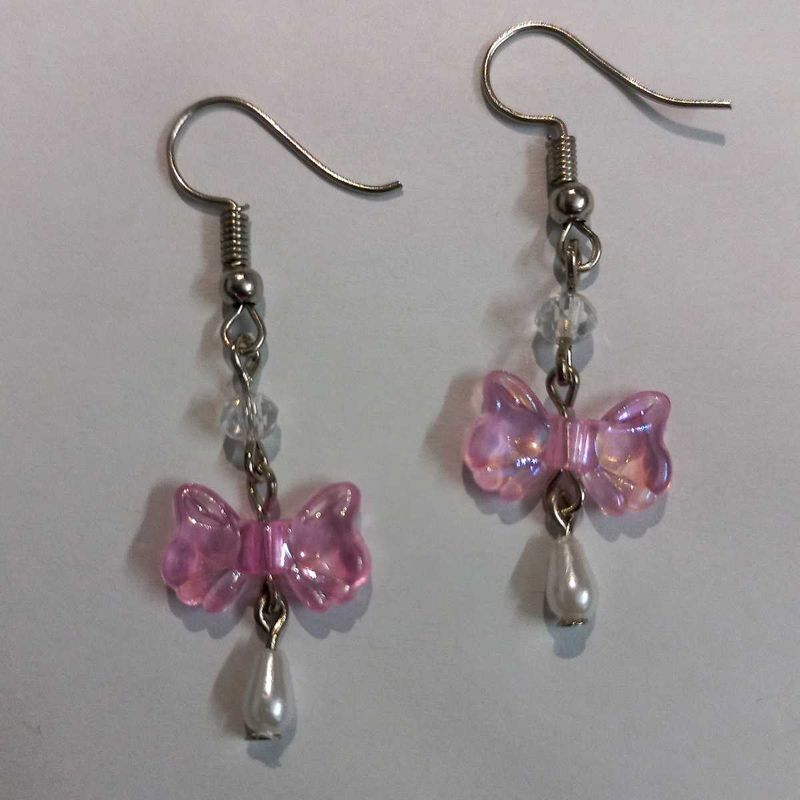 Handmade Pink Bow Earrings with Drop