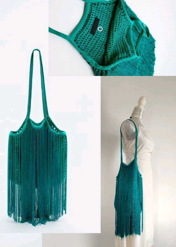 Zara Teal Crochet Fringe Coachella Bag