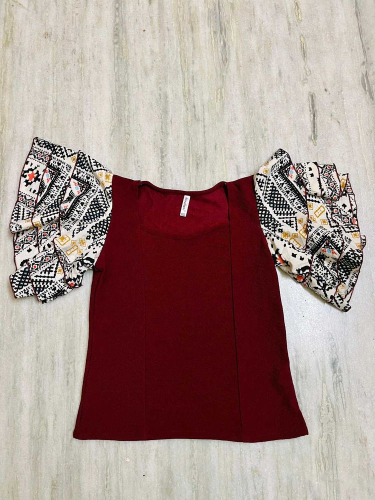 Maroon Patterned Sleeve Formal Top