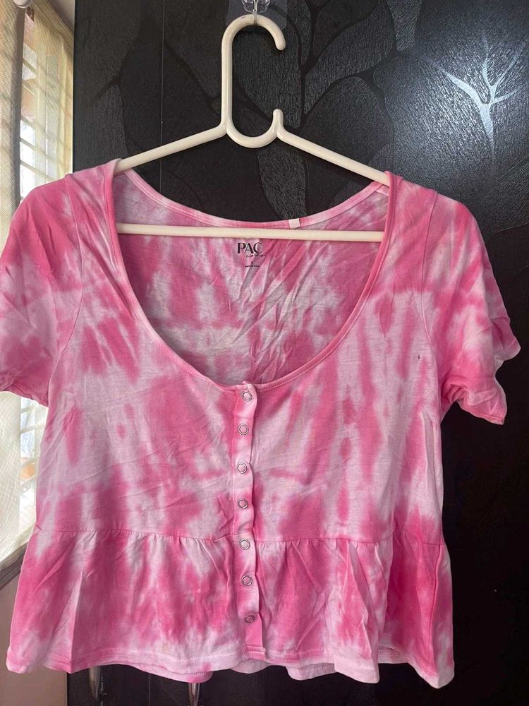 Pink Tie-Dye Peplum Button Front Top