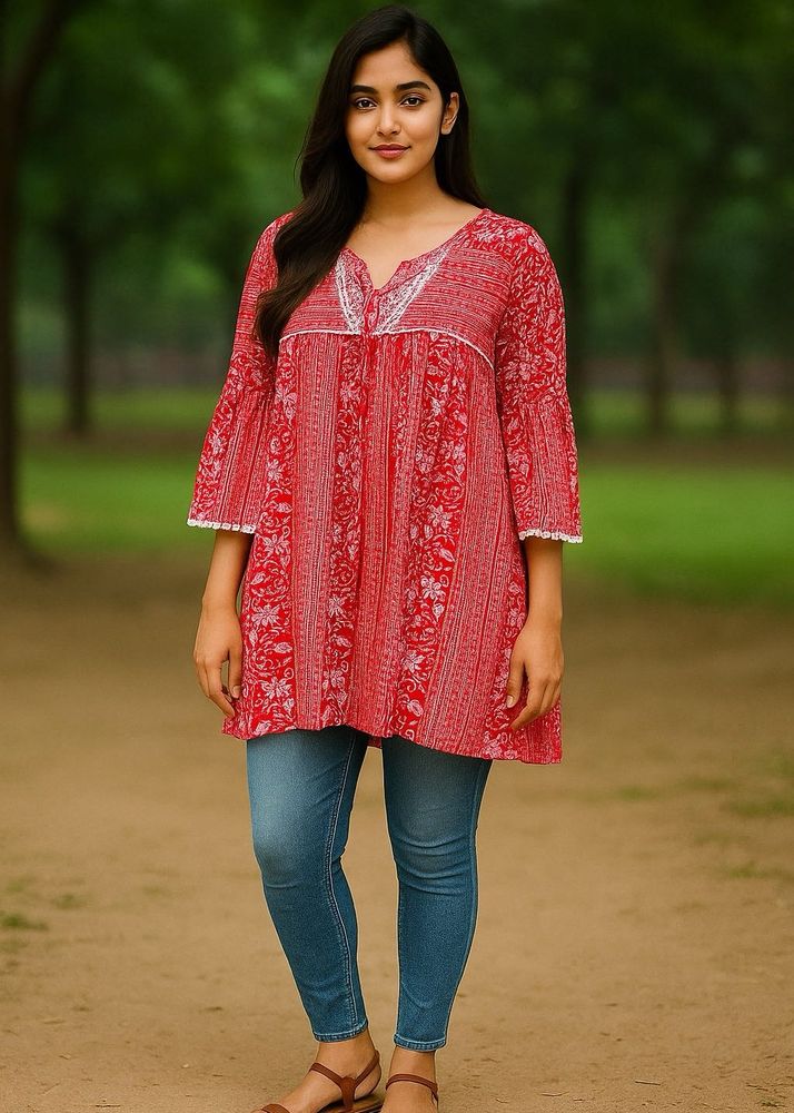 Red Floral Cold Shoulder Top