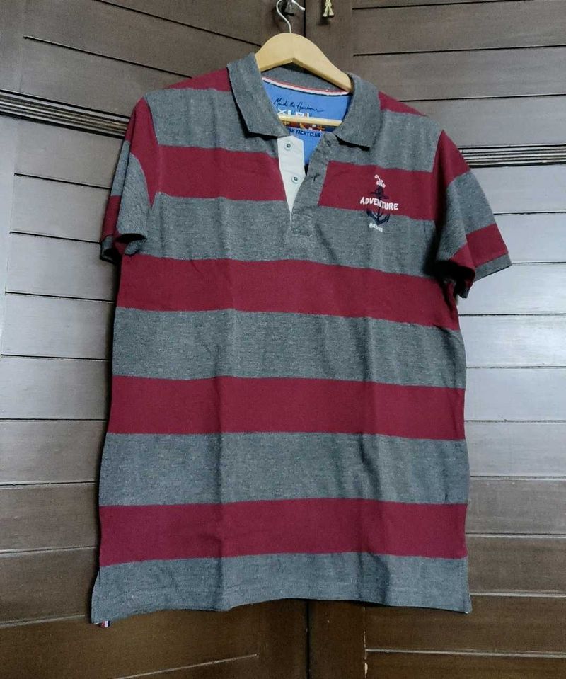 Mast &amp; Harbour Men Red Grey Striped Polo TShirt