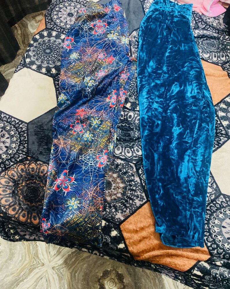 Velvet &amp; Floral Print Leggings