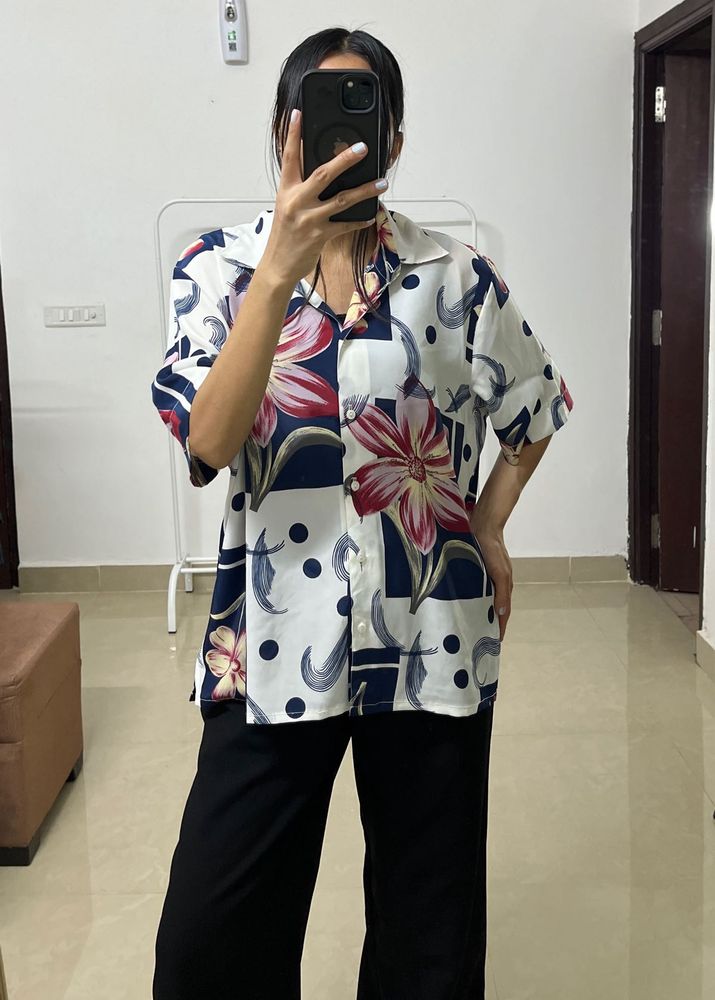 Silk Chiffon Floral Blue White printed Shirt