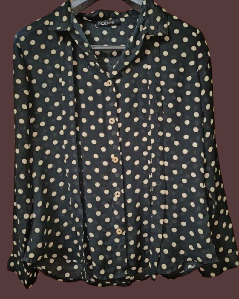 Black Polka Dot Sheer Button-Down Shirt