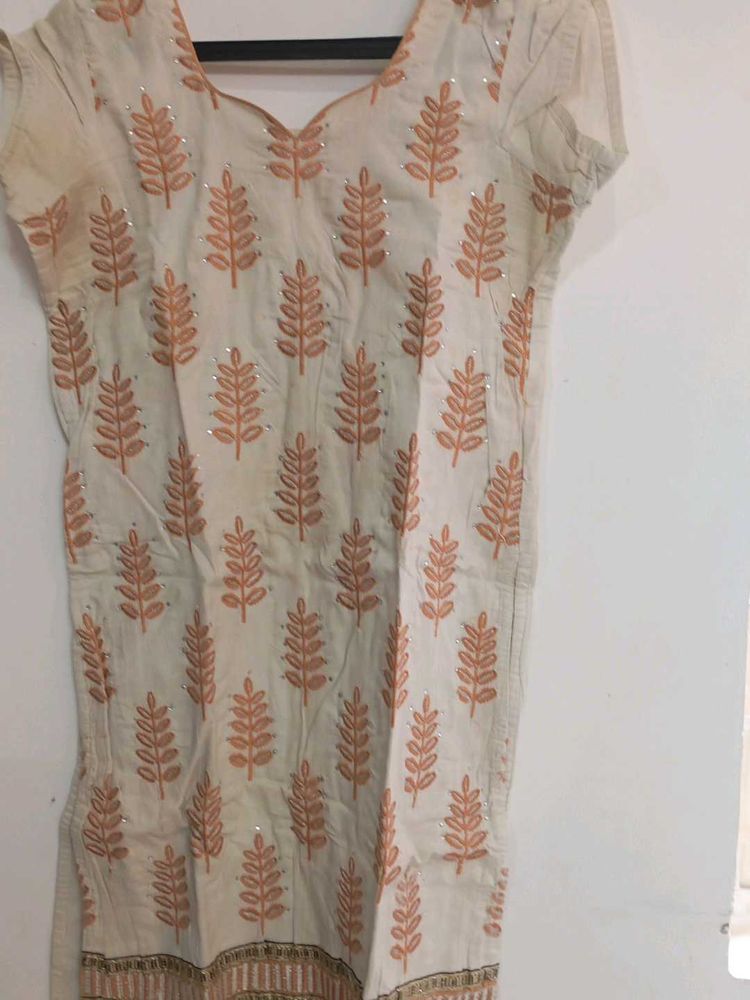 Half White Kurti With Brown Thread Work