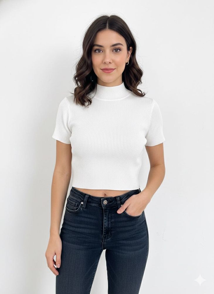 White Ribbed Mock Neck Crop Top
