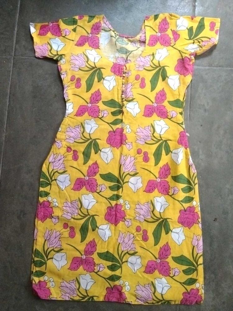 Yellow Flower Print Cotten Kurti
