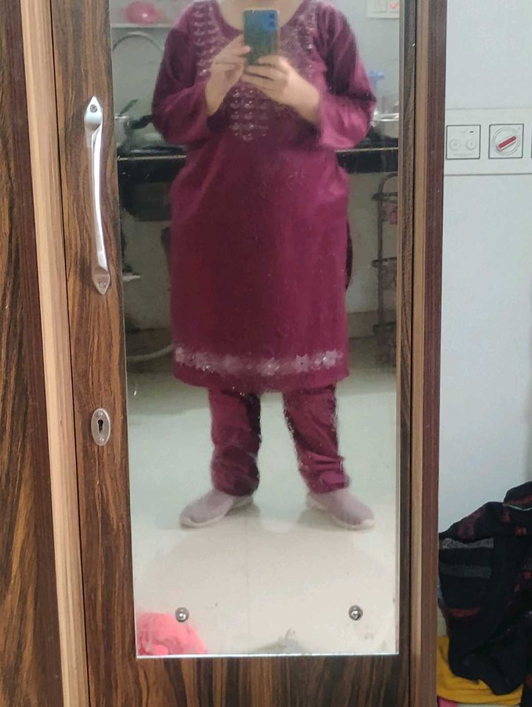 Burgundy Velvet Kurta Set