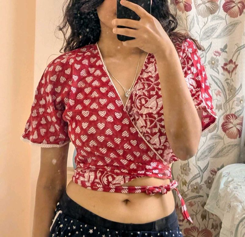 Wrap crop top in ajrakh print