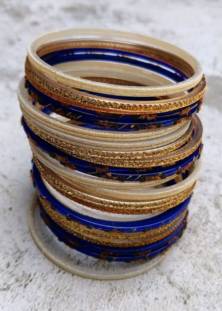 Blue And Cream Colour Fancy Glass Bangles Sets...