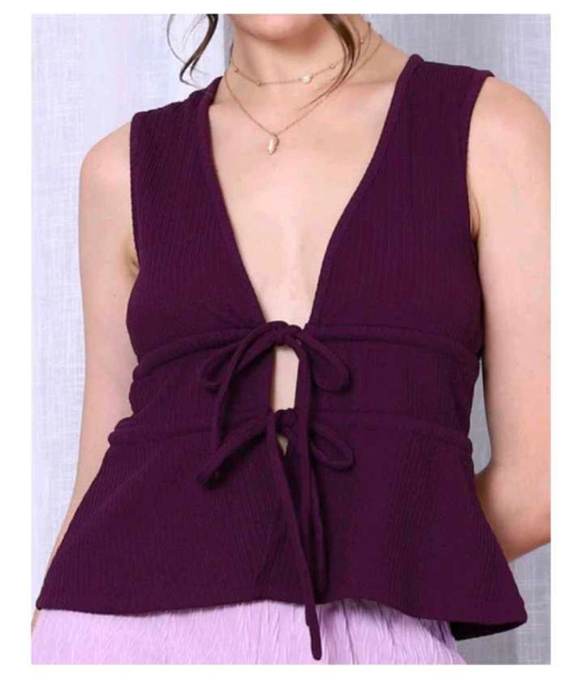 Trendy Purple Tie-Front Sleeveless Top