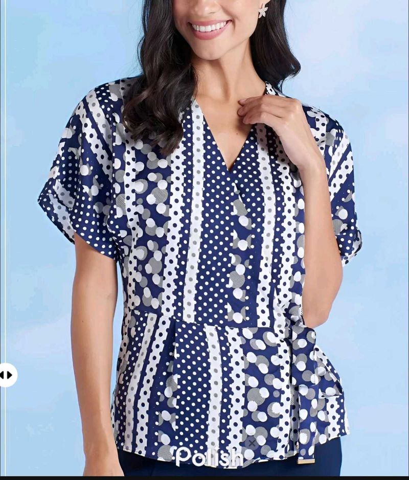 New With Tag Korean Art Dotted Blue Wrap Top