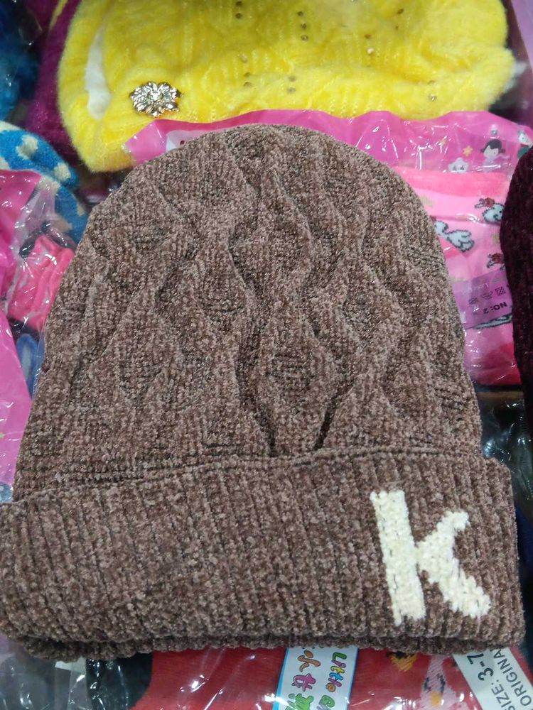 Brown Knit Beanie with 'K' Detail premium