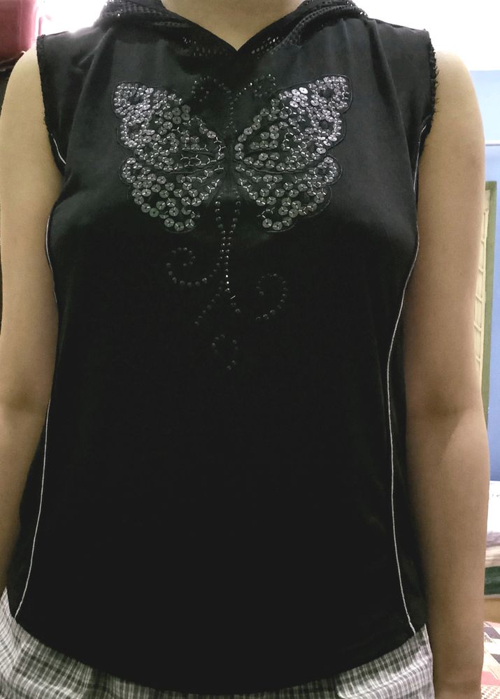 Sassy Black Butterfly Hooded Top