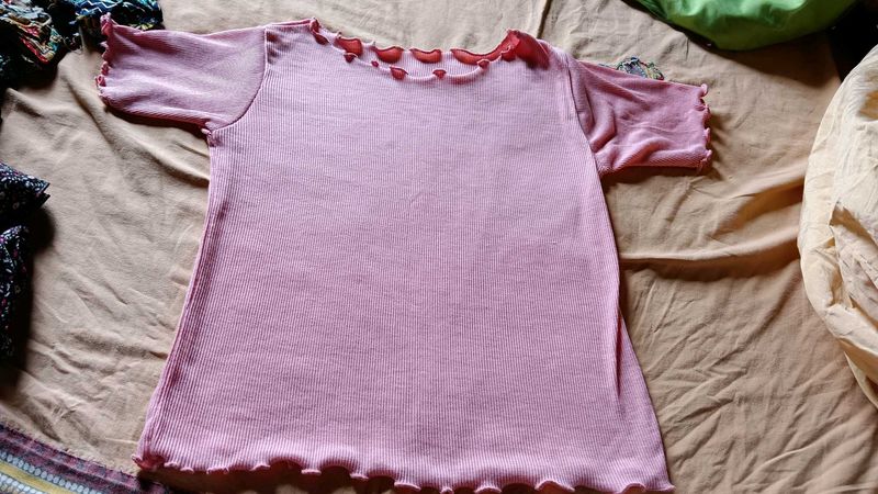 Pink Ruffle Trim Ribbed Knit Top