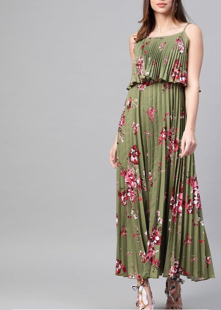 Floral Maxi Dress with Accordion Pleats