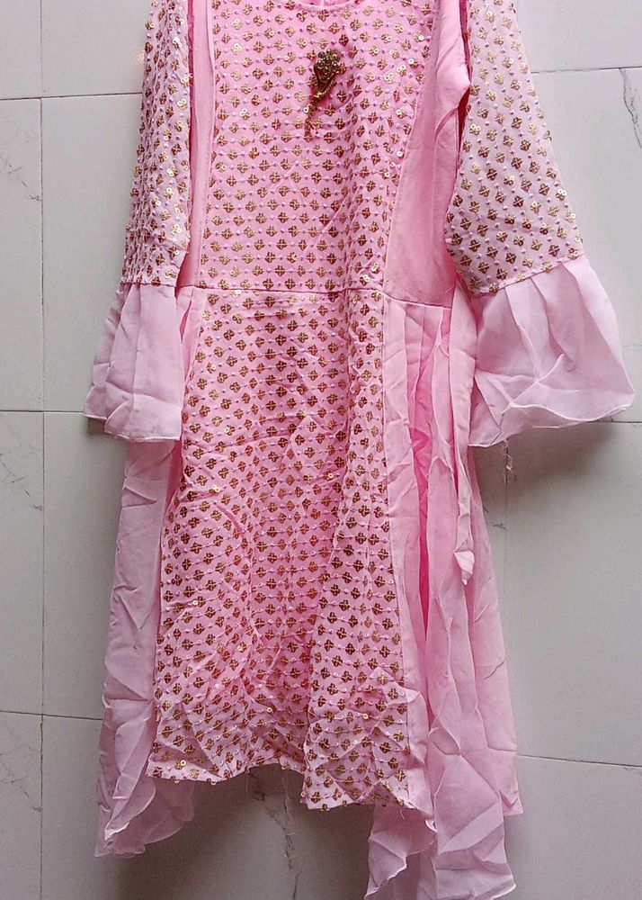 Pink Embroidered Kurta Set with adjustable belt