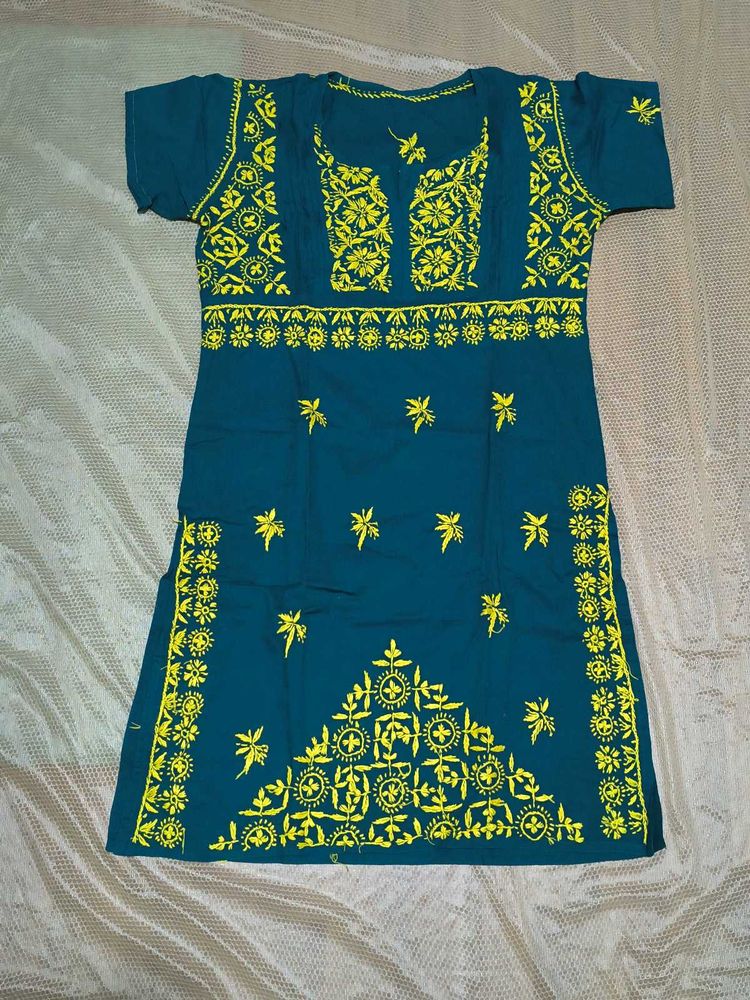 Green Chikankari Kurti With Yellow Thread work