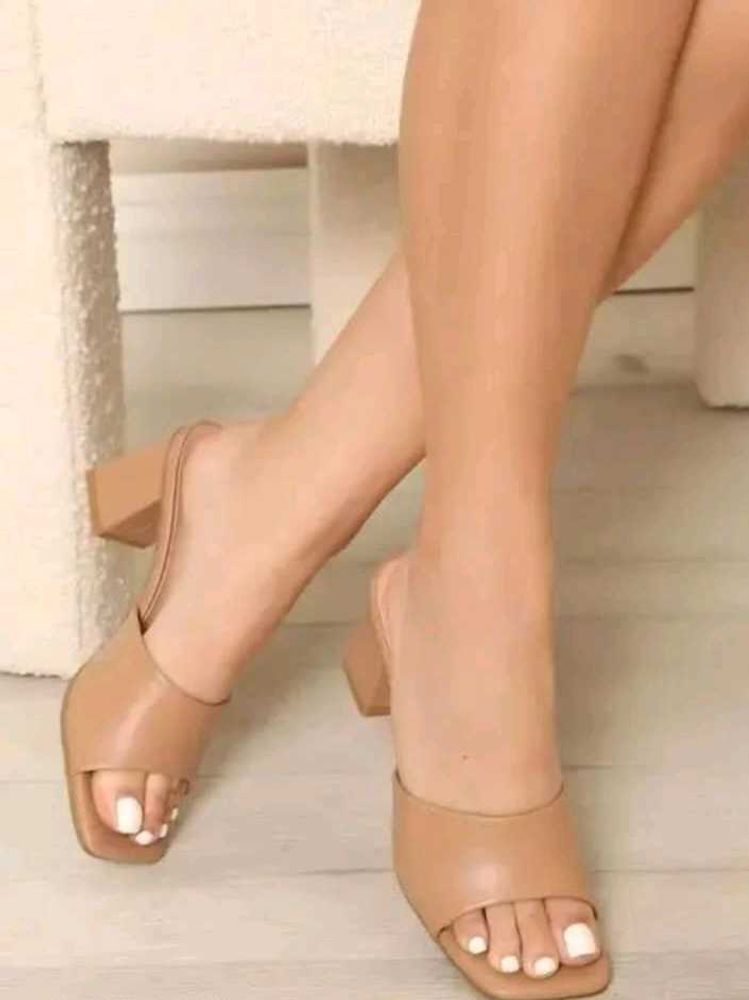 Tan Block Heel Mules