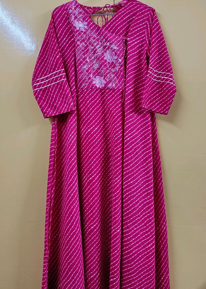 Pink and White Leheriya Printed Angrakha Kurta