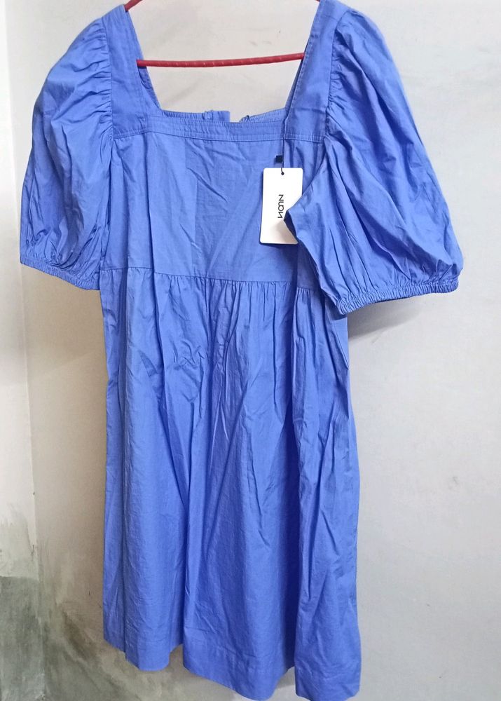 Nuon By Westside - Blue Solid Puff Sleeves Dress
