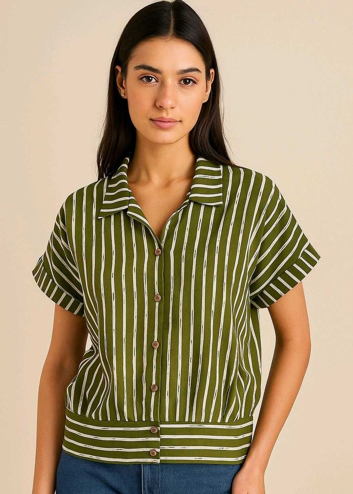 Striped Olive Green Cropped Blouse