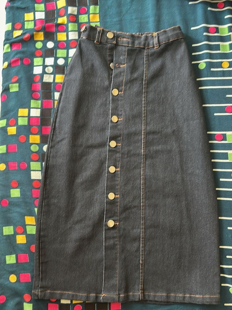 Button Front Denim Midi Skirt