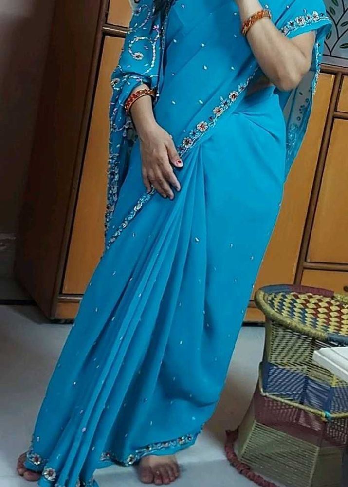 Elegant Sky Blue Embellished Saree combo