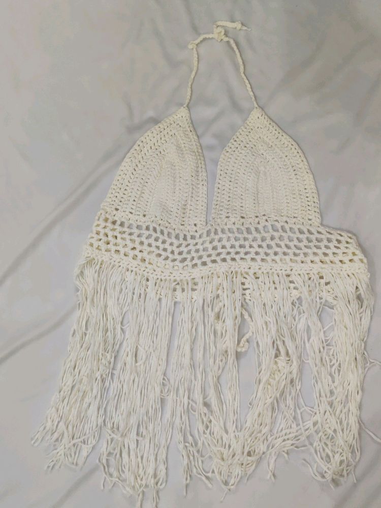 Off White Crochet Bikini Cover Up Top