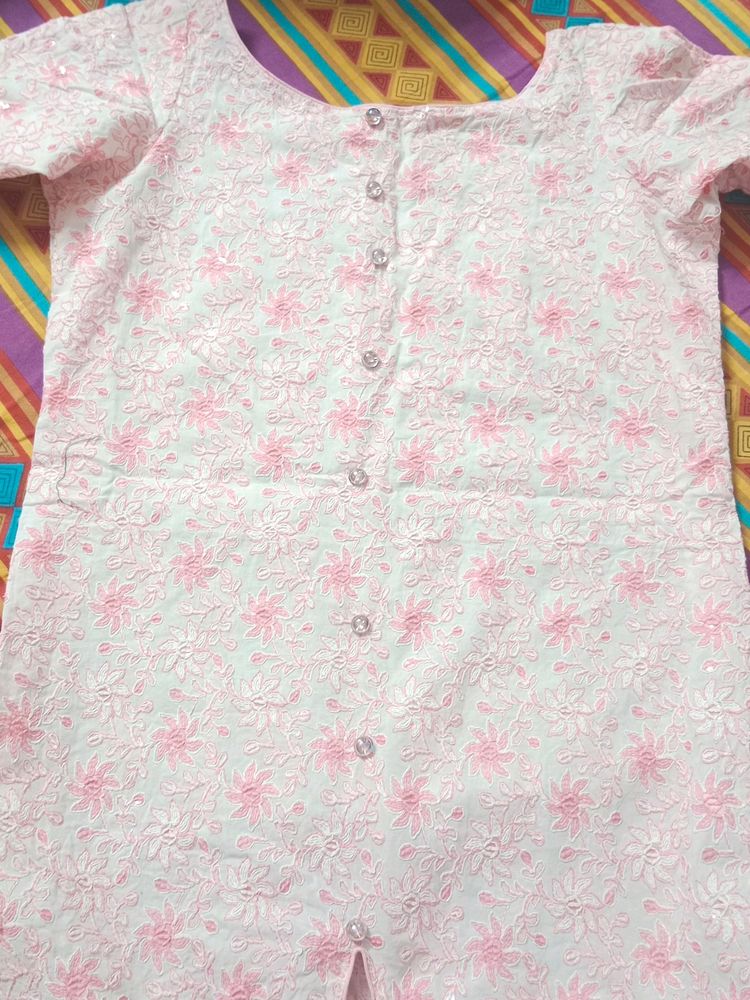 White And Pink Thick Cotton Colour Kurti