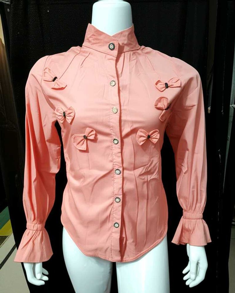 Peach Bow Button-Down Top