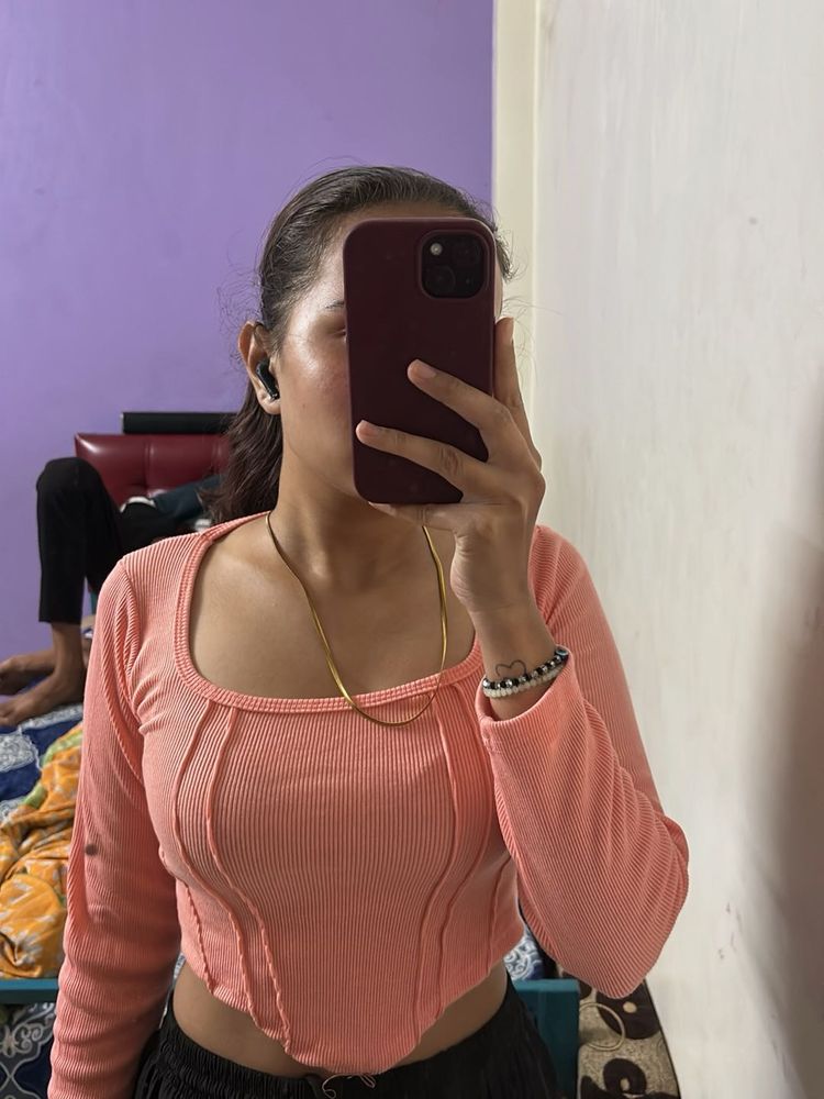Coral Ribbed Long Sleeve Top